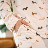 Model showing pockets on Beige Long-Sleeved Women's Pajama Set in Dachshund print

---1605 1
