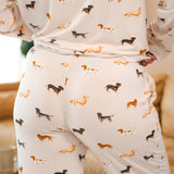 Back side of Beige Long-Sleeved Women's Pajama Set in Dachshund print