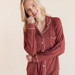 Model posing in Long-Sleeved Women's Pajama Set in Ember on a beige background
---1605 1