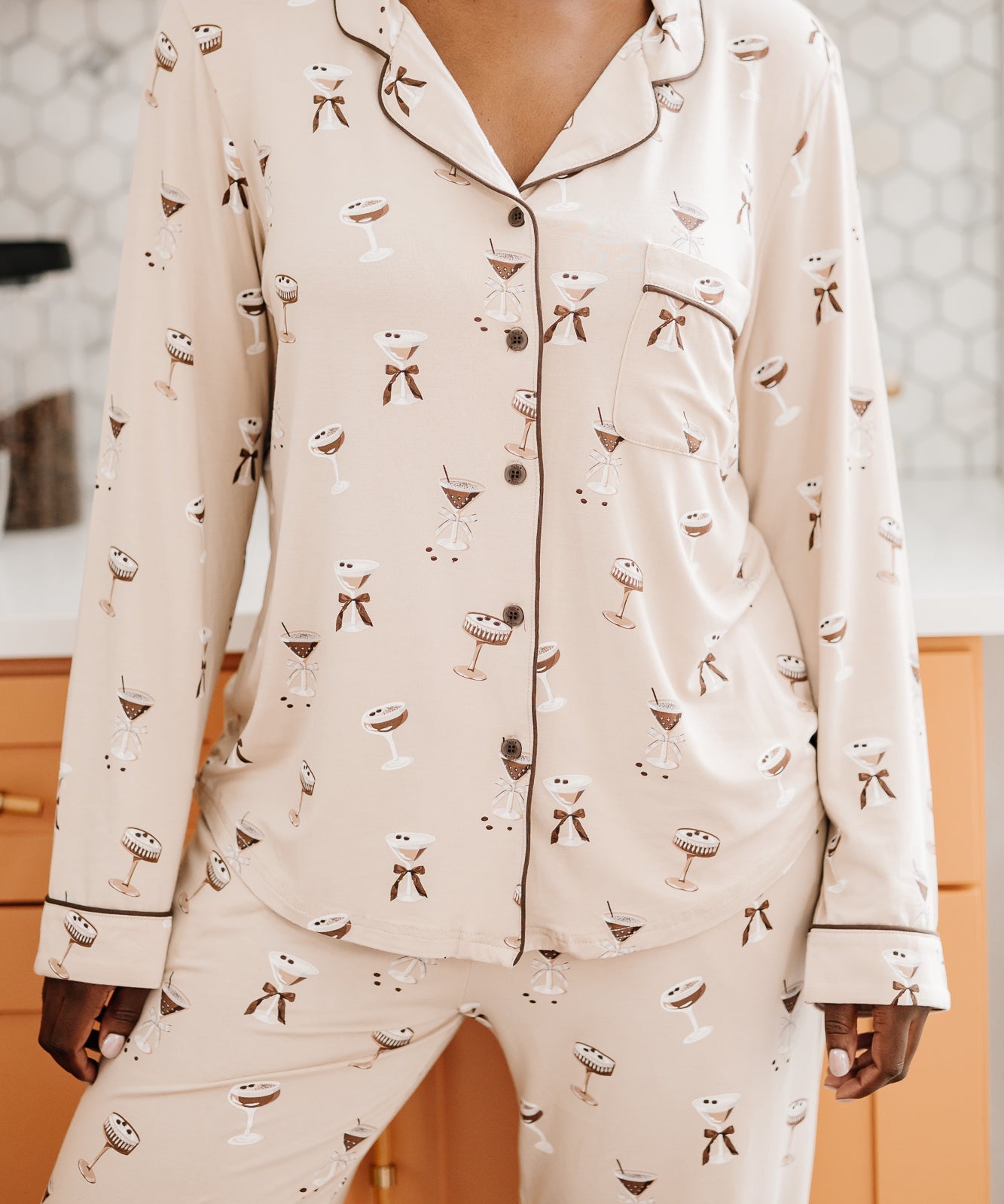 Close up of the top of the Kyte Bamboo Long-Sleeved Women's Pajama Set in Espresso Martini