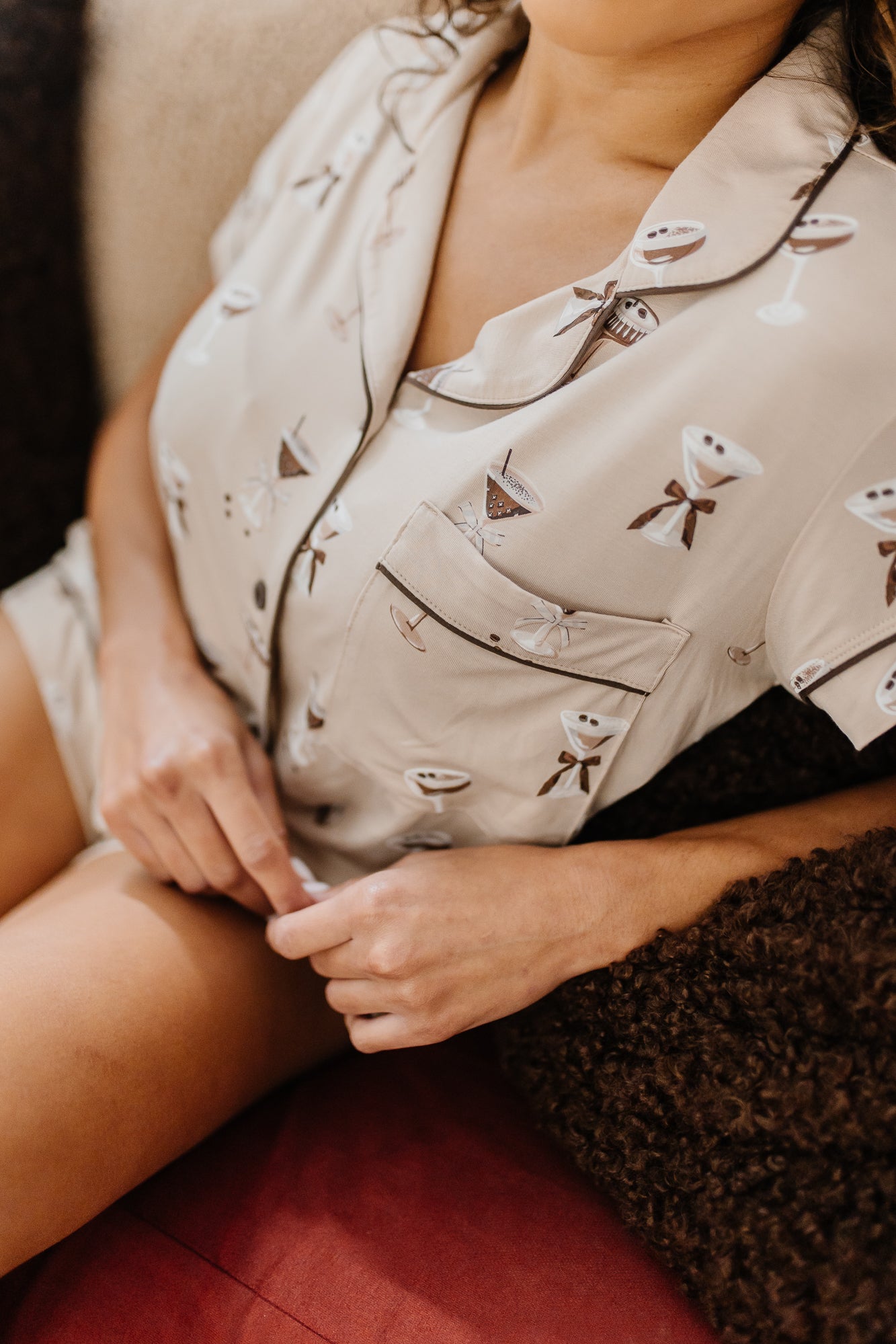 Close up of the Kyte Bamboo Women's Short Sleeve Pajama Set in Espresso Martini