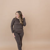 Woman modeling the Kyte Women's Jogger Set in Espresso 