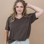 Women modeling the Kyte Women's V Neck in Espresso with one arm up 
