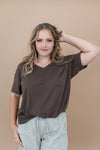 Women modeling the Kyte Women's V Neck in Espresso with one arm up    ::: Model is 5'7" wearing size S ///
