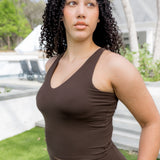 Female modeling the Bamboo Flex Bra Tank in Espresso

 ::: Model is 5'9" wearing size L ///