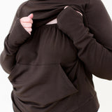 The front fabric of the Women's French Terry Nursing Hoodie in Espresso pulled up showing the elastic band front for easy pulldown for nursing