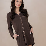 Model wearing the  Women's Sleep Shirt in Espresso with hands in the pockets