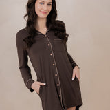 Model wearing the  Women's Sleep Shirt in Espresso with hands in the pockets