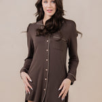 Women modeling the Kyte Women's Sleep Shirt in Espresso