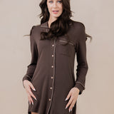 Women modeling the Kyte Women's Sleep Shirt in Espresso