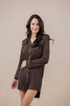Model with hand across her hip while wearing the Women's Sleep Shirt in Espresso