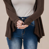 Close up of the Women's French Terry Wrap Top in Espresso