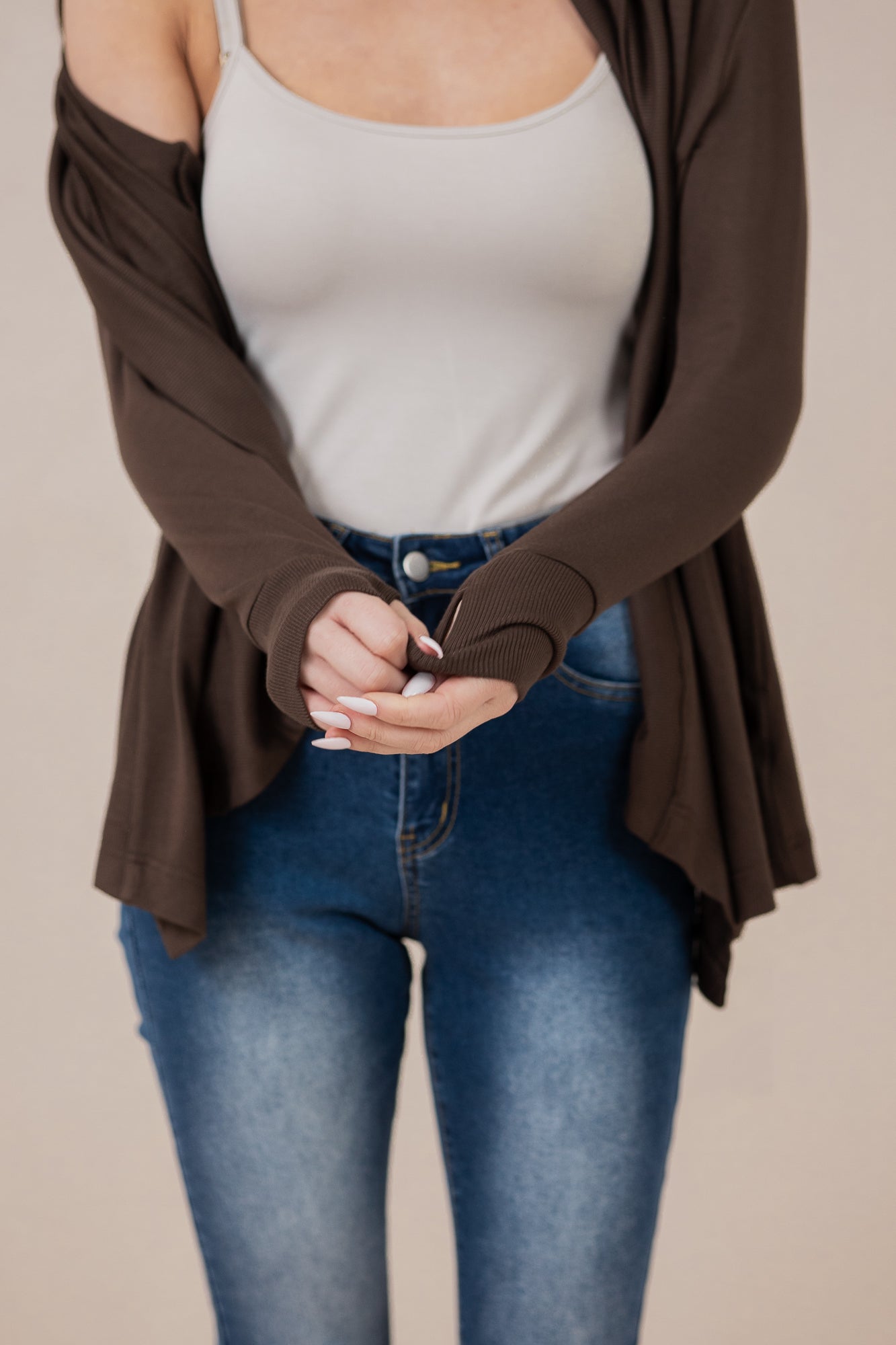 Close up of the Women's French Terry Wrap Top in Espresso