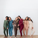 Models standing in a row wearing Women's  Jogger Pajama Sets in Fir, Atlantic, Espresso, Burgundy, Latte and Bisque