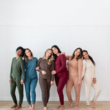 Models standing in a row wearing Women's  Jogger Pajama Sets in Fir, Atlantic, Espresso, Burgundy, Latte and Bisque