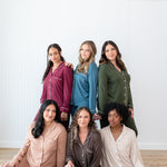 Models wearing  Women's Long Sleeve Pajamas in Burgundy, Atlantic, Fir, Latte, Espresso, and Bisque