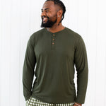 Close up of model wearing the Men's Lounge Pants in Gingham Fir
