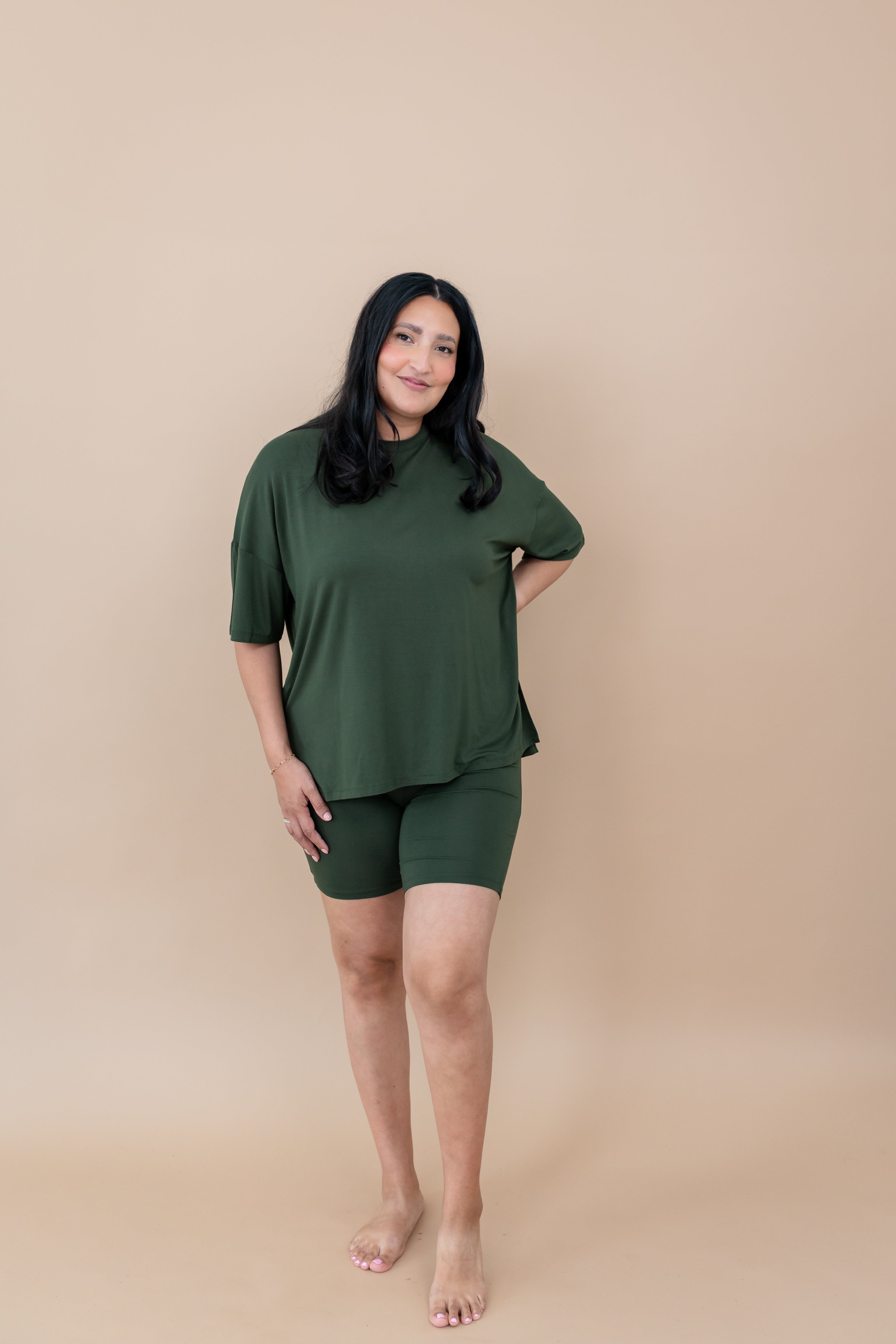 Women modeling the Kyte Women's Biker Short Set in Fir