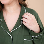 Close up of the top and cloud trim on the Women's Long Sleeve Pajama Set in Fir