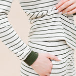 Close up of the solid cuffs and pocket on the bottoms of the Women’s Ribbed Henley Set in Fir Stripe