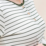 Close up of the buttons on the top of the Women’s Ribbed Henley Set in Fir Stripe