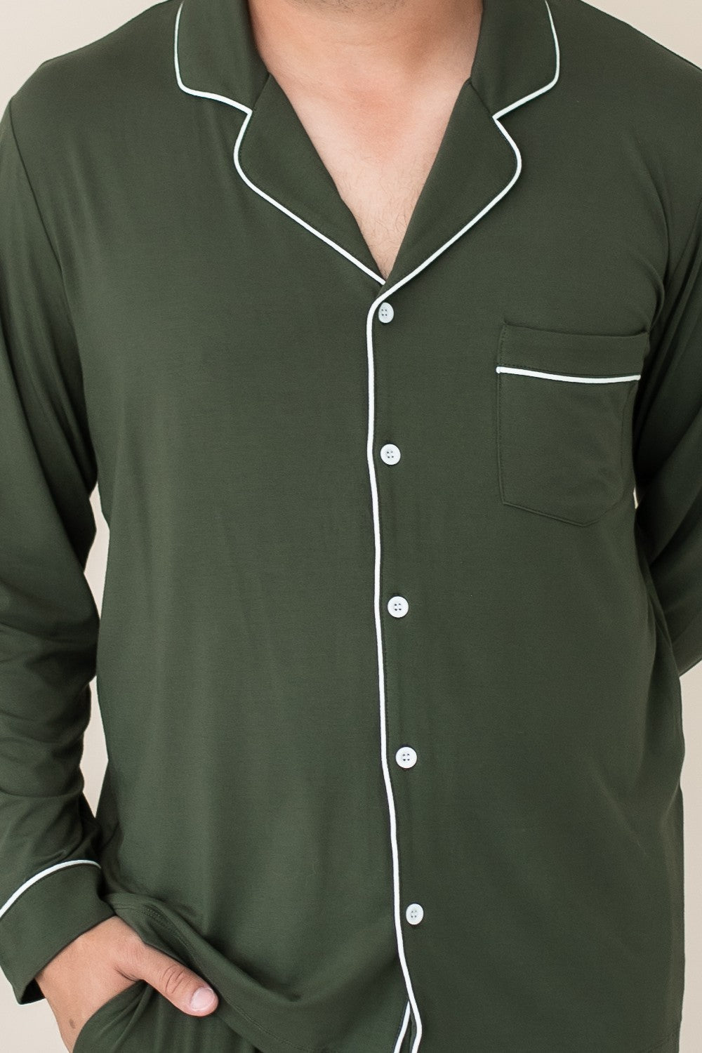 Close up of the Kyte Men's Long Sleeve Pajama Set in Fir