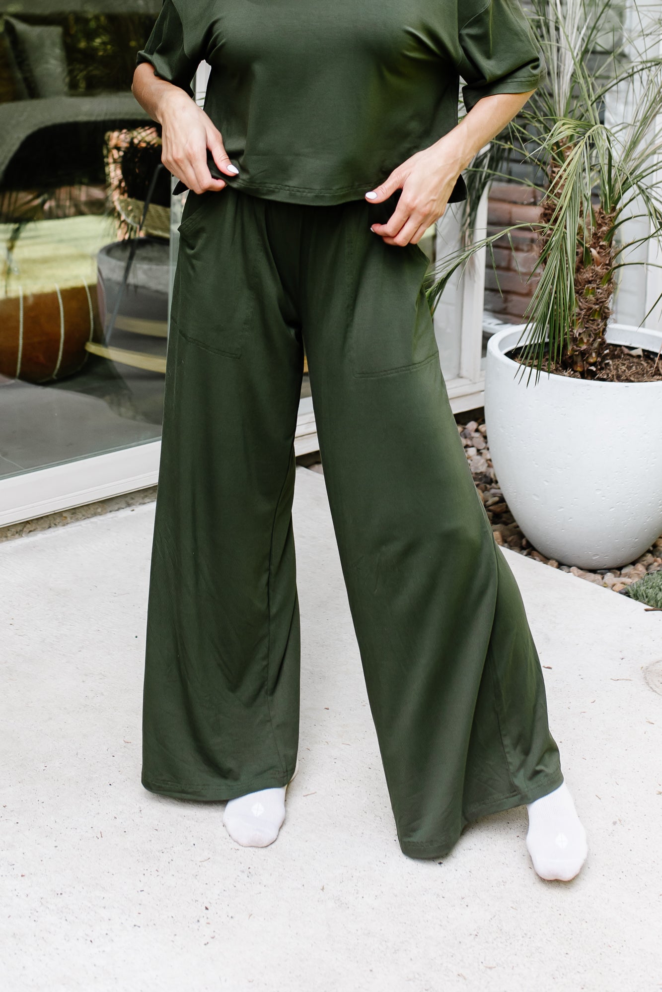 Women's Wide Leg Pant in Fir shown on a model