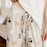 Drawstring on Women's lounge pant in Fluffy Cat print under a white tee