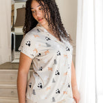 Model posing in Fluffy Cat print Women's short sleeve pajama set ---PJ 4