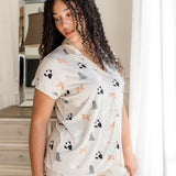 Model posing in Fluffy Cat print Women's short sleeve pajama set ---PJ 4