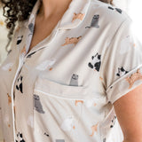 Women's short sleeve Shirt with pocket in Fluffy Cat print ---PJ 2