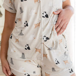 Person wearing Women's short sleeve pajama set with white trim in Fluffy Cat print ---1615 1