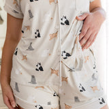Person wearing Women's short sleeve pajama set with white trim in Fluffy Cat print ---1615 1