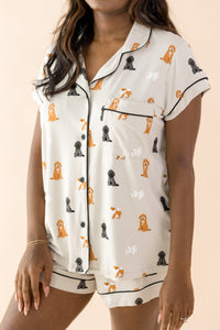 Close up of the shirt of the Women's Short Sleeve Pajama Set in Fluffy Dog shown on a female model