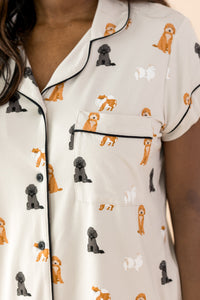 Close up of the chest pocket on the shirt of the Women's Short Sleeve Pajama Set in Fluffy Dog