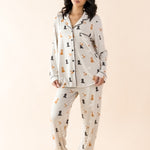 Female modeling the Long-Sleeved Women's Pajama Set in Fluffy Dog  ::: Model is 5'6" wearing size XS ///