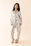 Female modeling the Long-Sleeved Women's Pajama Set in Fluffy Dog  ::: Model is 5'6" wearing size XS ///