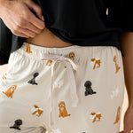 The waistband and drawstring on the Women's Lounge Pants in Fluffy Dog shown on a model