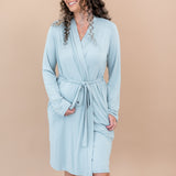 Woman wearing Women’s Lounge Robe in Fog against a beige background
