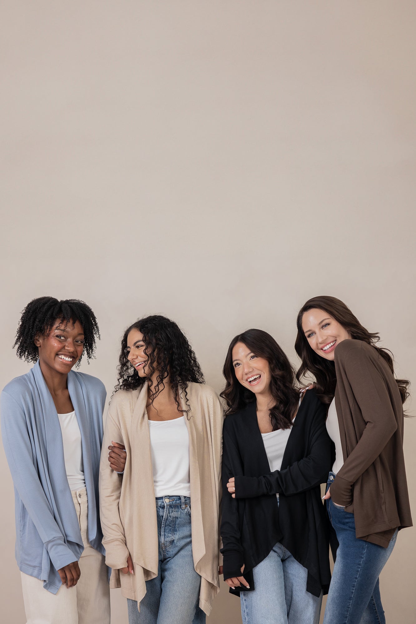 Models wearing the Women's French Terry Wrap Top Slate, Almond, Midnight and Espresso 