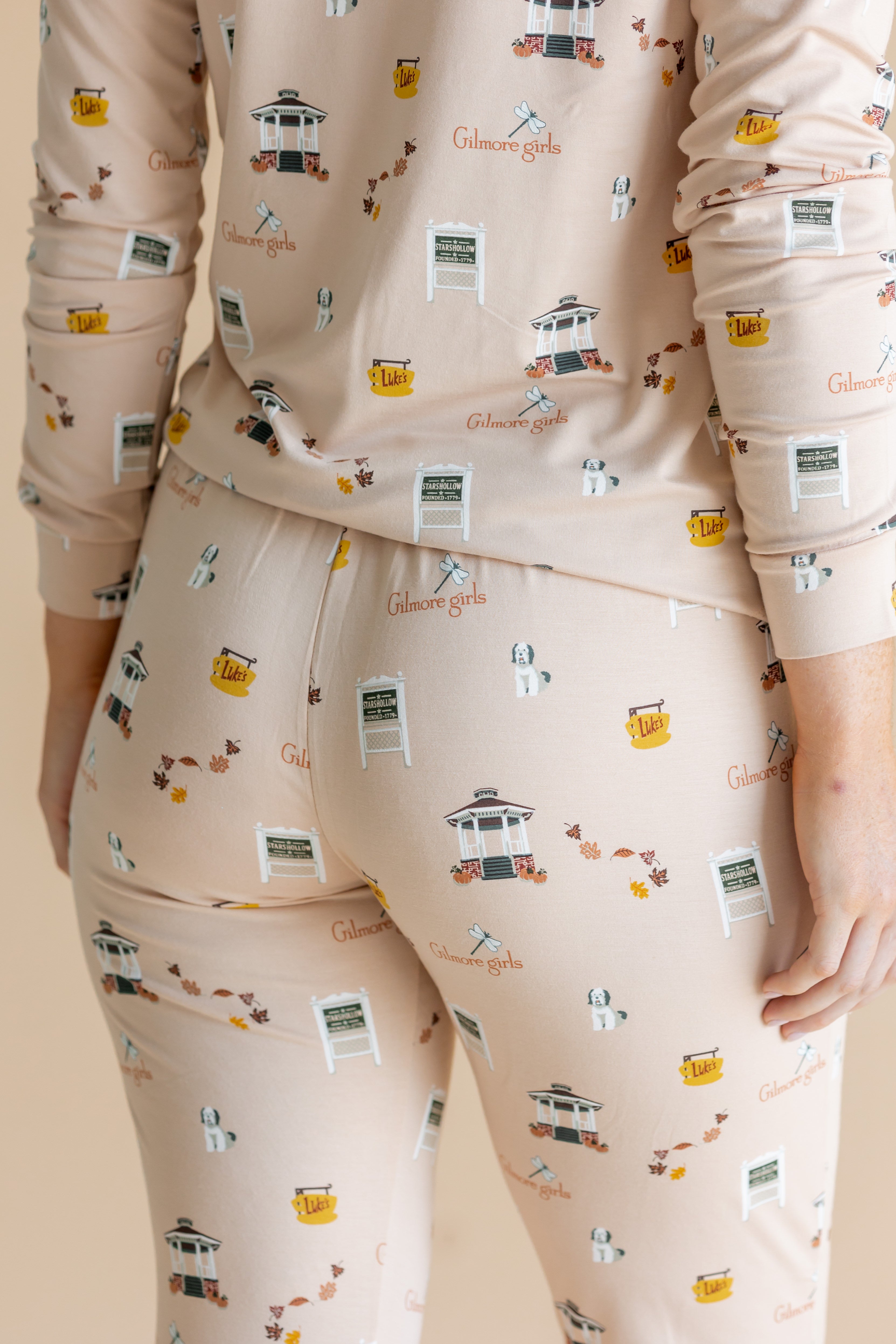 Close up of the back side of the bottoms from the Women's Jogger Pajama Set in Gilmore Girls on a model 