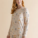 Close up of the top from the Women's Jogger Pajama Set in Gilmore Girls while the model looks to the side
