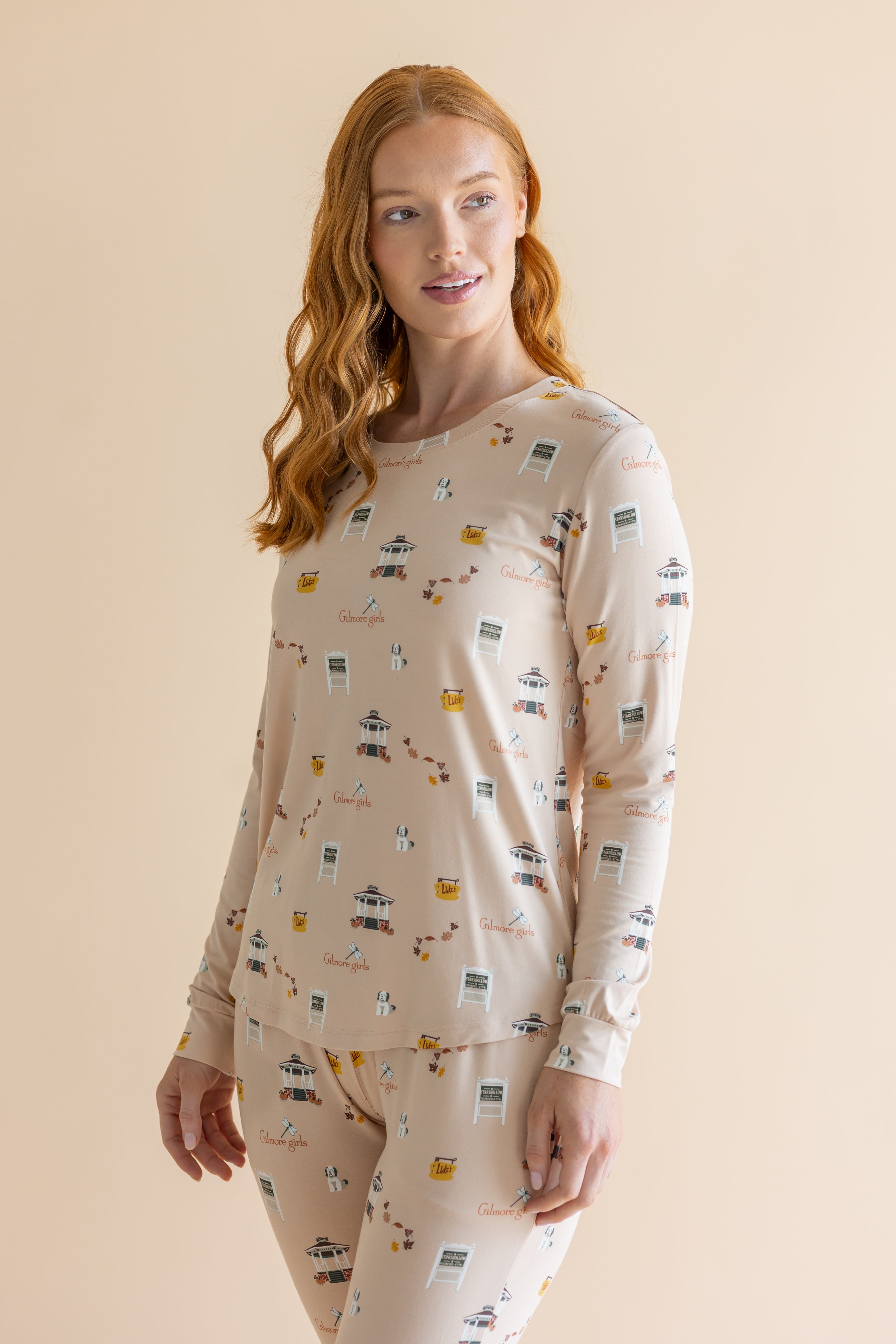 Close up of the top from the Women's Jogger Pajama Set in Gilmore Girls while the model looks to the side
