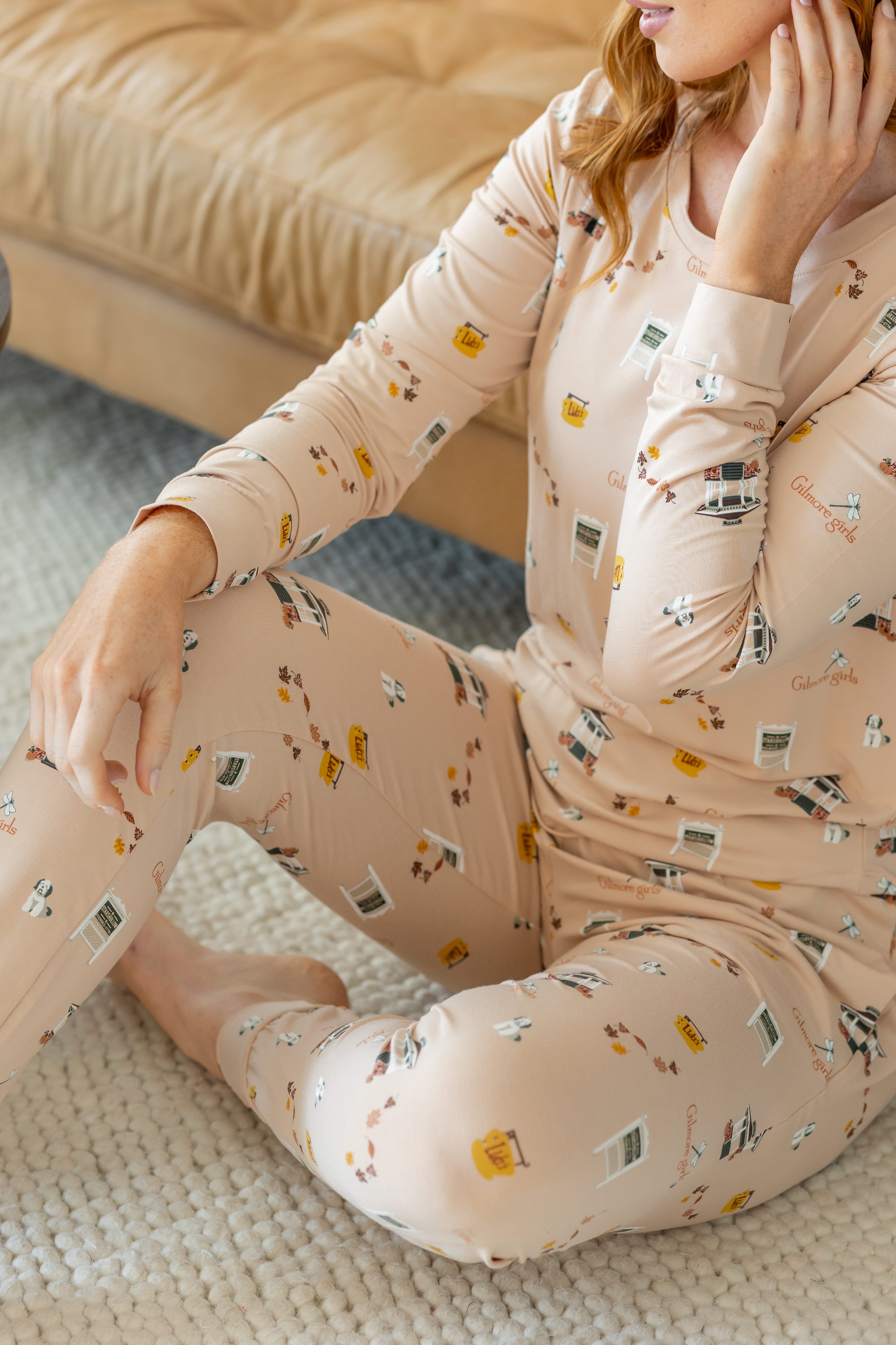 Close up of the Women's Jogger Pajama Set in Gilmore Girls while woman is sitting on the floor