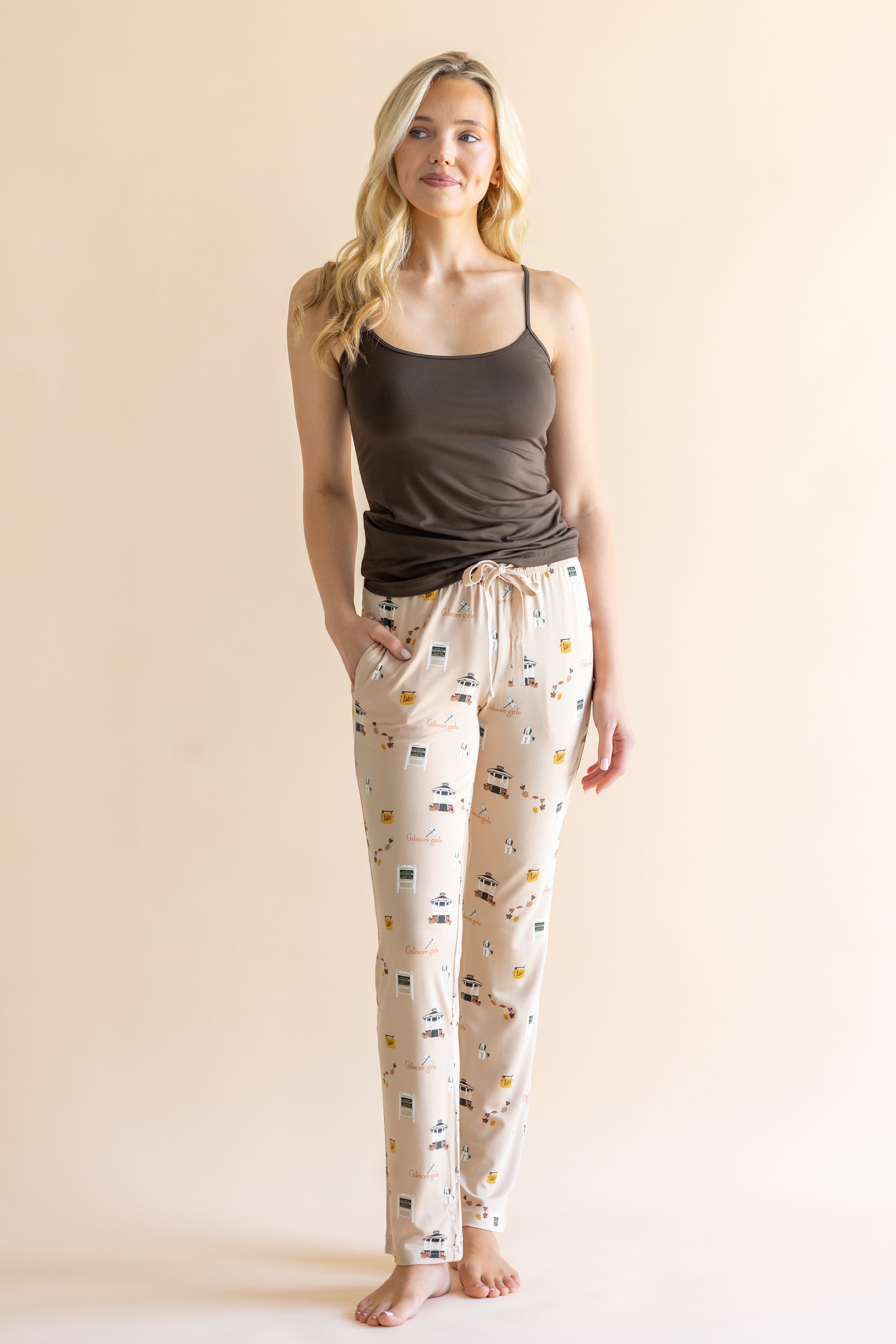 Model smiling to the side while wearing the Women's Lounge Pants in Gilmore Girls 