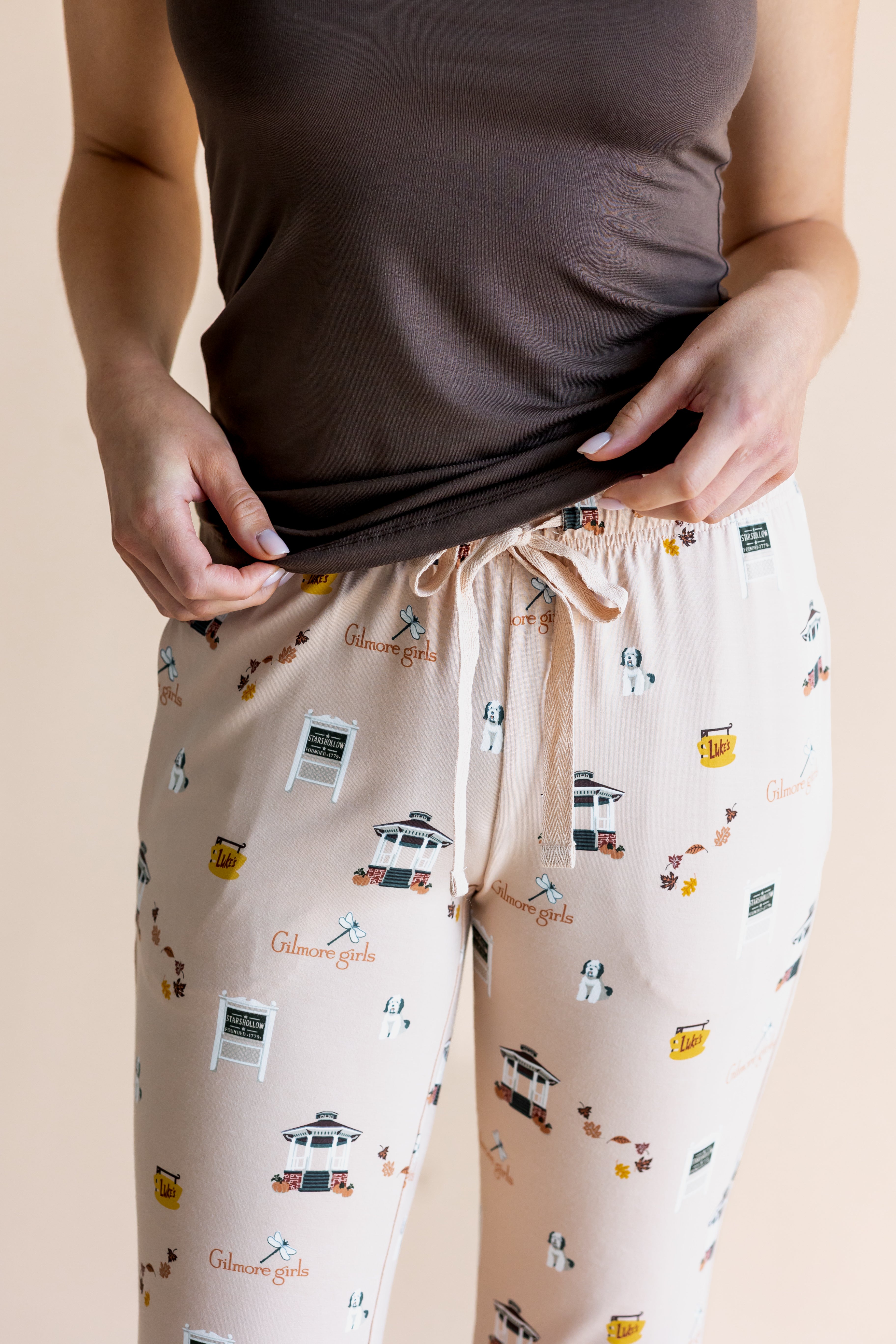Close up of the drawstring and waistband on the Women's Lounge Pants in Gilmore Girls on a model 