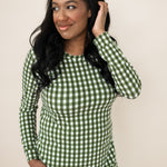 Close up of the Bamboo Women's Jogger Pajama Set in Gingham Fir