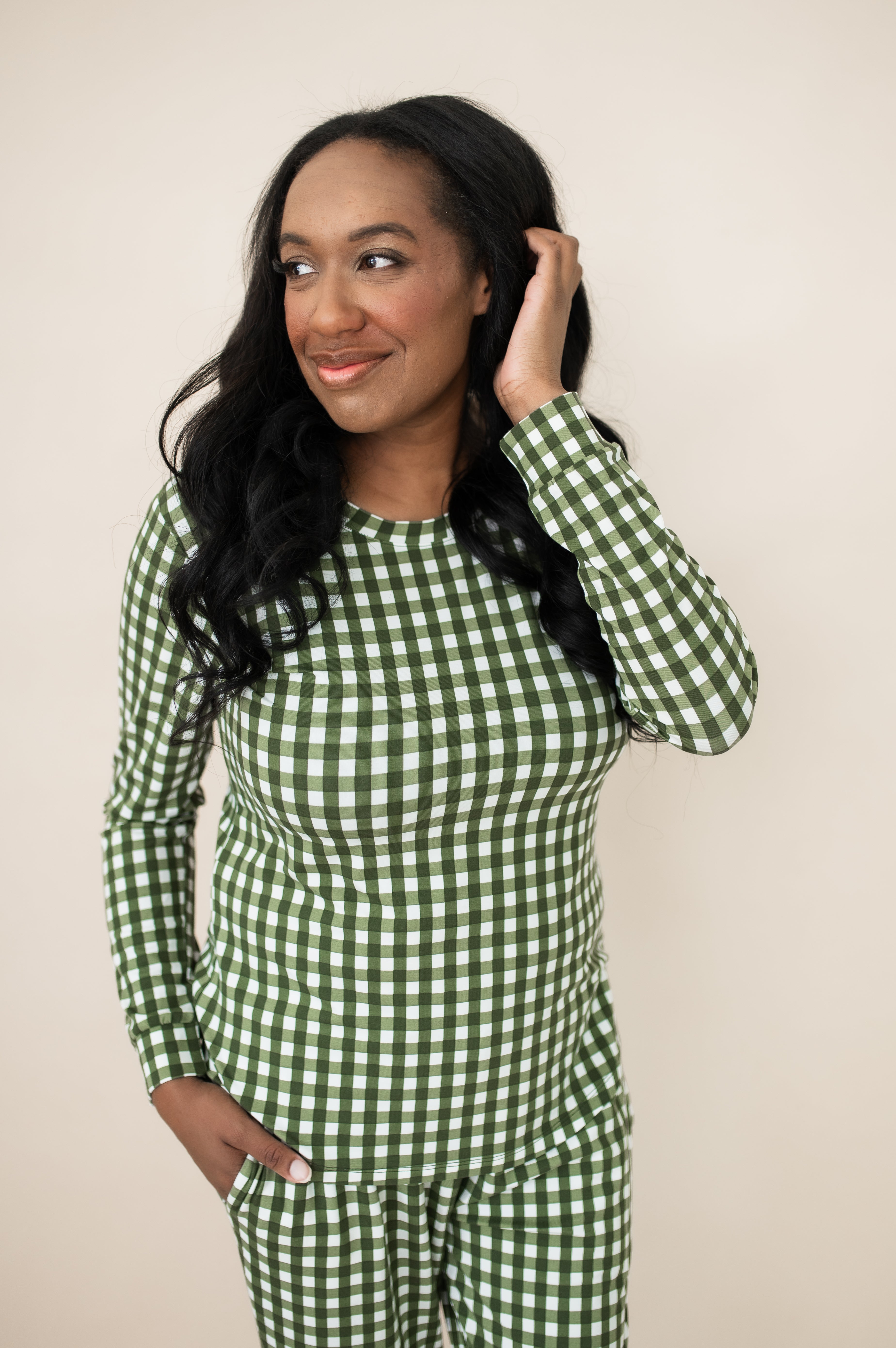 Close up of the Bamboo Women's Jogger Pajama Set in Gingham Fir
