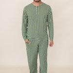 Smiling model wearing the Bamboo Men's Jogger Set in Gingham Fir