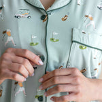 Front buttons in emerald on Women's Short Sleeve Pajama Set Shirt in Golf print